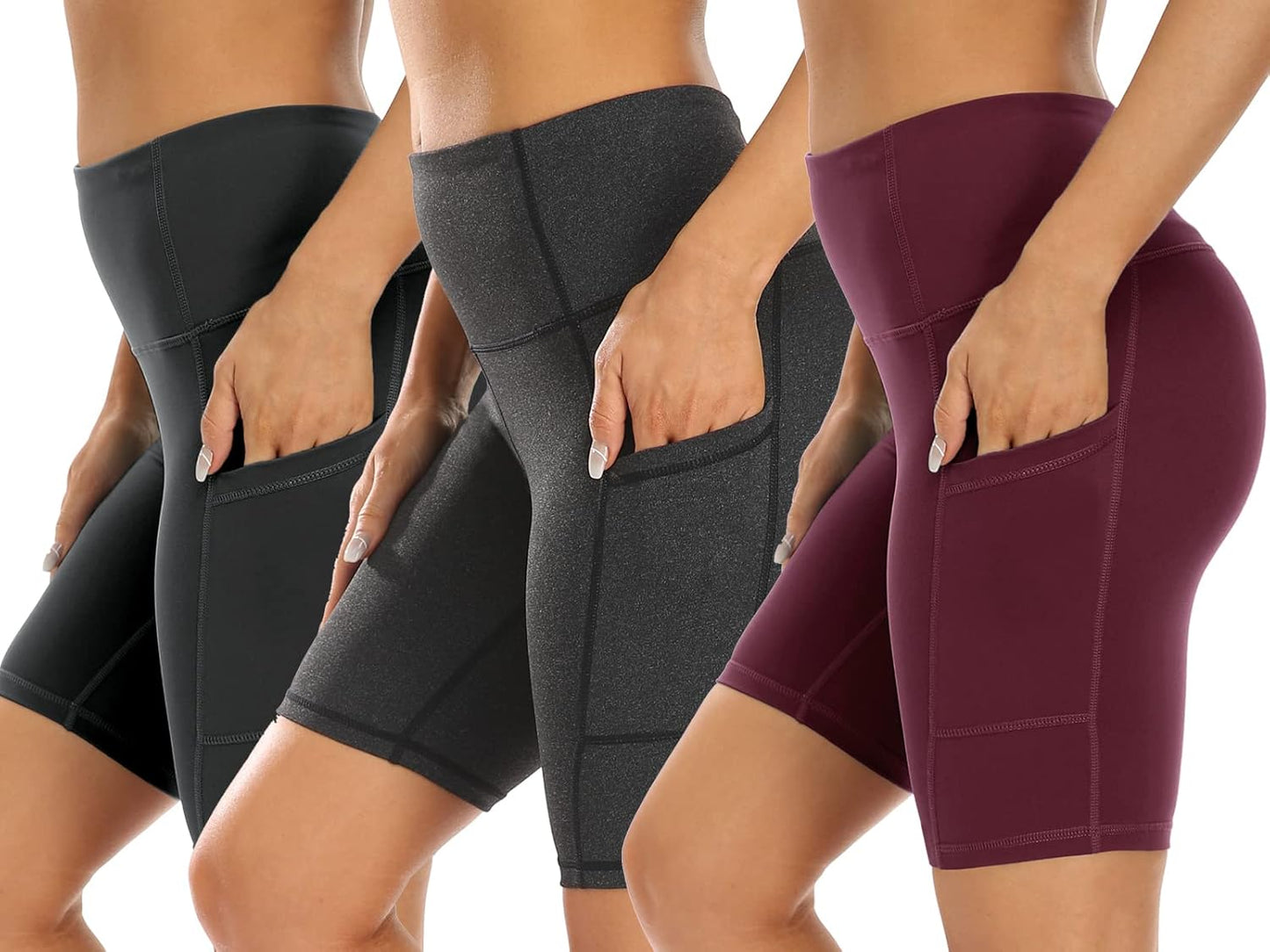 3 Pack High Waist Out Pocket Yoga Short 8"/5" Tummy Control Workout Shorts Running Athletic Non See-Through Active Shorts