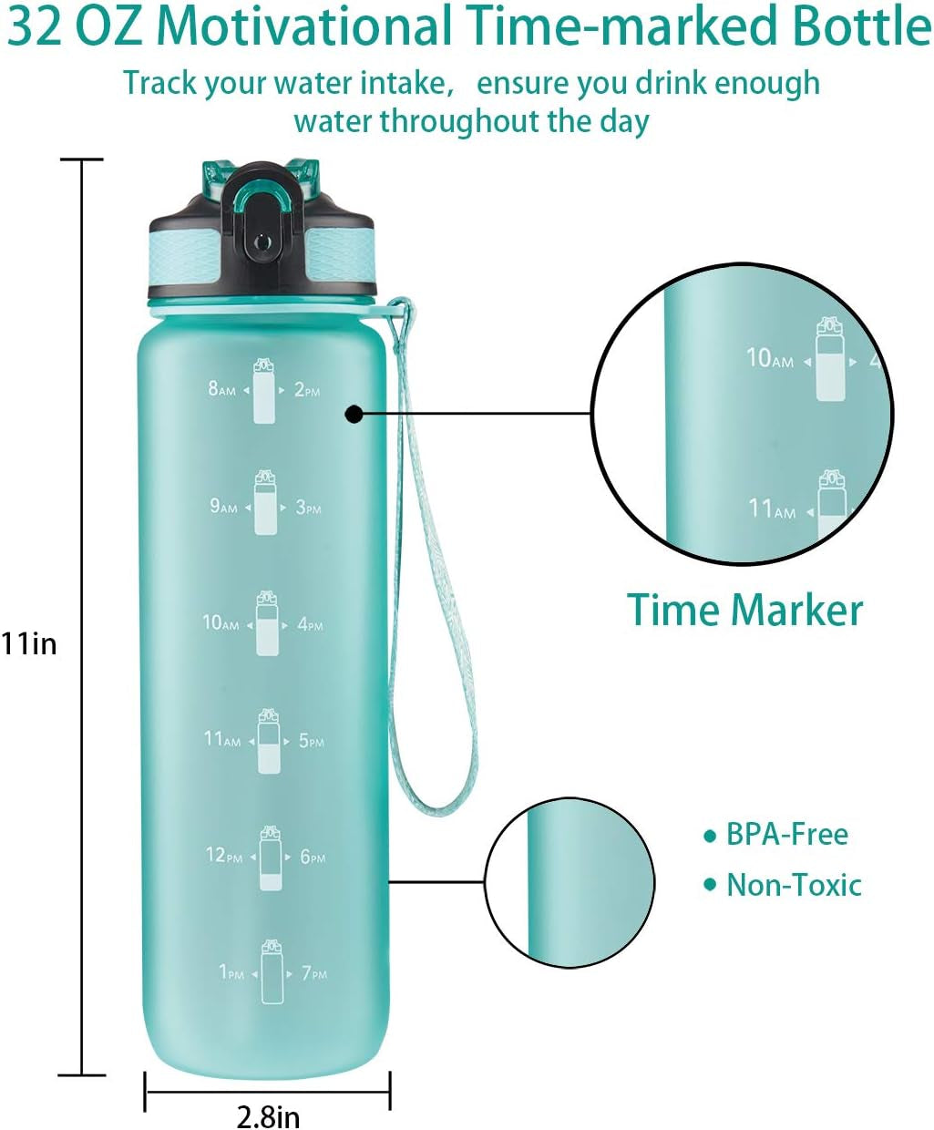 32 Oz Water Bottle with Time Marker, Carry Strap, Leak-Proof Tritan Bpa-Free, Ensure You Drink Enough Water for Fitness, Gym, Camping, Outdoor Sports