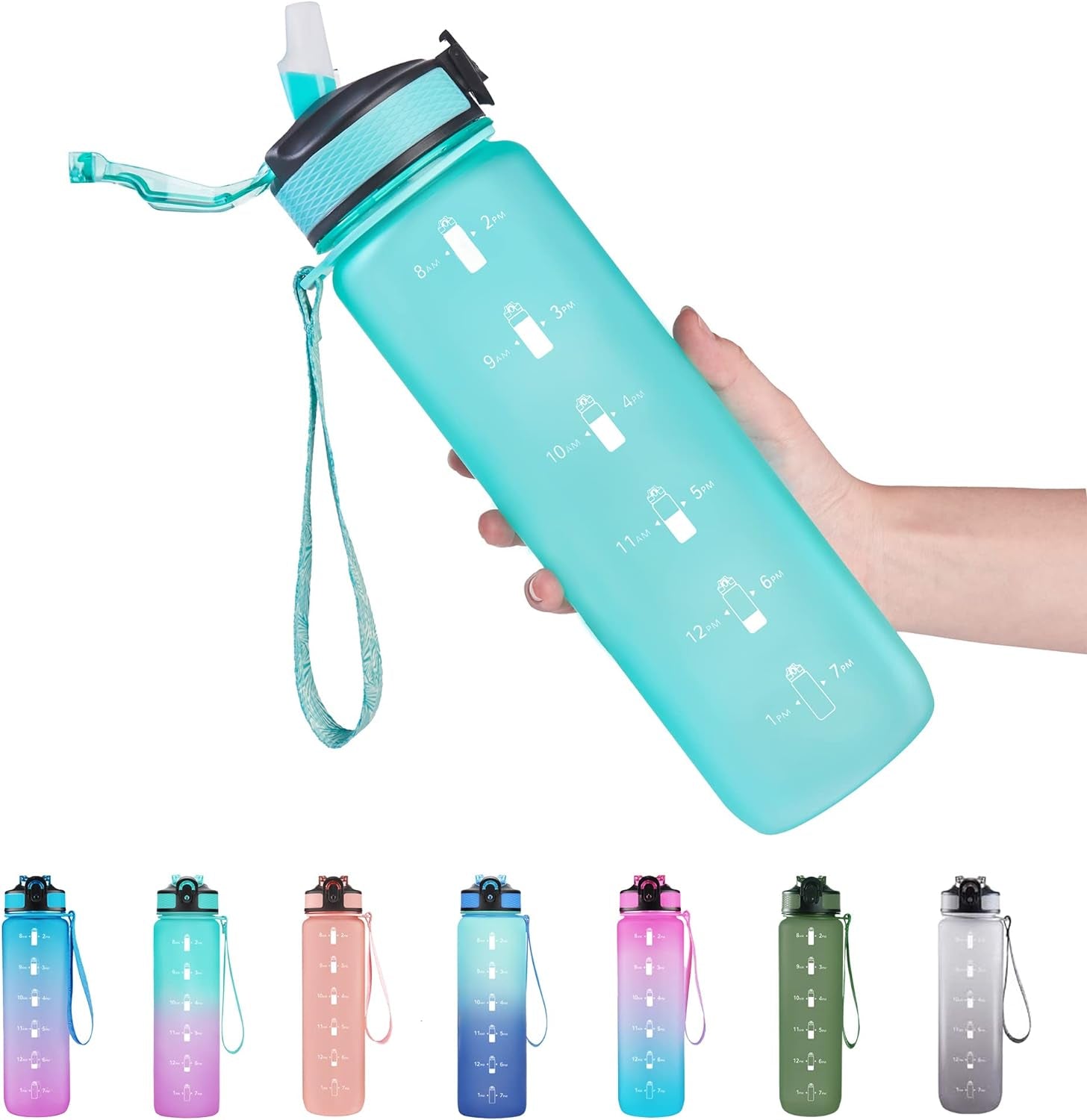 32 Oz Water Bottle with Time Marker, Carry Strap, Leak-Proof Tritan Bpa-Free, Ensure You Drink Enough Water for Fitness, Gym, Camping, Outdoor Sports