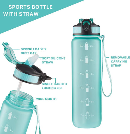 32 Oz Water Bottle with Time Marker, Carry Strap, Leak-Proof Tritan Bpa-Free, Ensure You Drink Enough Water for Fitness, Gym, Camping, Outdoor Sports